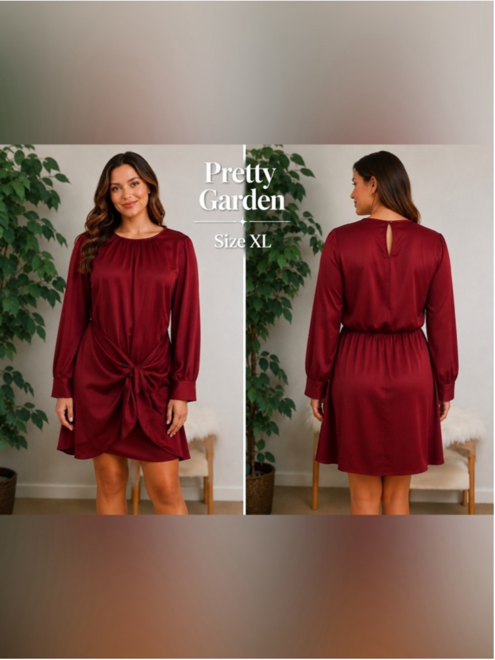 PrettyGarden Burgundy Satin Tie Front Dress Size XL NWT